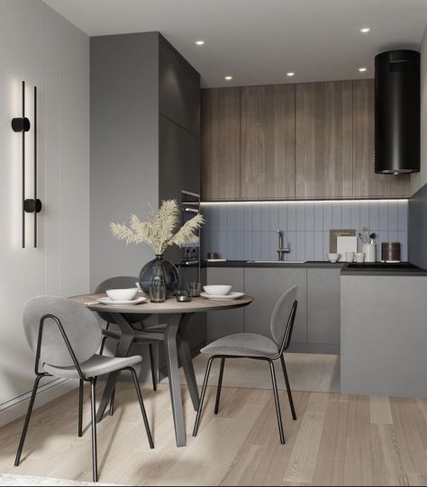 Kitchen Interior Grey And Wood, Kitchen Grey Wood Floor, Light Grey Wallpaper Kitchen, Dark Grey Scandinavian Kitchen, Серая Кухня, Kitchen Design Diy, Modern Cupboard Design, Colorful Apartment, White Interior Design