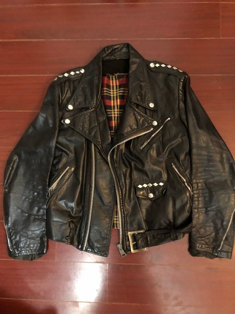 Super rare, ultra cool. Lining has started to tear, and one zipper pocket is broken. Original studs. One of a kind. Spike Leather Jacket, 60s Leather Jacket, Grunge Leather Jacket, Mens Biker Style, Spiked Leather Jacket, Punk Leather Jacket, Leather Jacket Zipper, Black Leather Jacket Men, Mens 80s