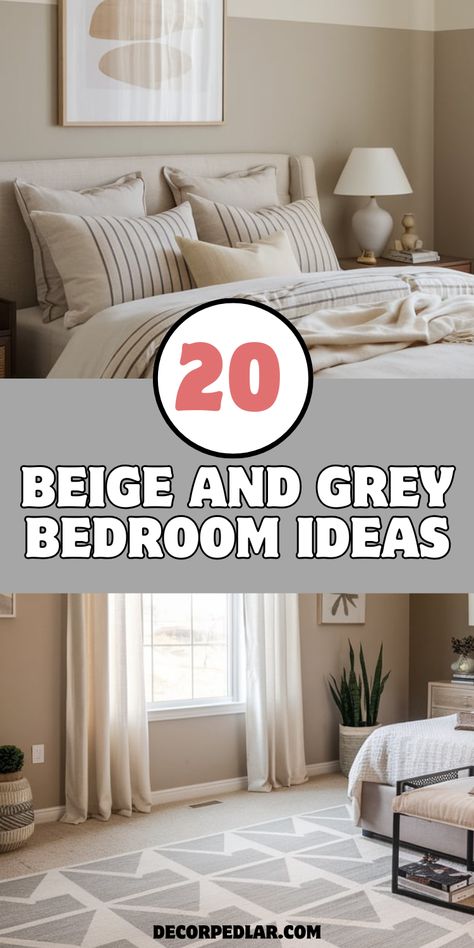 Elevate the style of your beige and grey bedroom with a geometric patterned grey area rug. The bold, angular design adds visual interest and texture to an otherwise neutral color palette. Perfect for adding a modern, sophisticated touch to your bedroom decor. Beige Bed Grey Walls, Grey And Off White Bedroom, Grey Bed Beige Walls, Grey And Khaki Bedroom, Taupe And Gray Bedroom, Grey And Ivory Bedroom, Grey And Beige Color Palette, Grey And Taupe Bedroom, Beige Bedroom Ideas With Pop Of Color