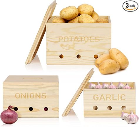 AmazonSmile: Edudif Potato and Onion Storage Bin Wooden Potato Storage Set of 3 Stackable Onion Storage with Aerating Storage Holes for Potato Onion Garlic Container: Home & Kitchen Potato Storage Bin, Potato And Onion Storage, Garlic Container, Kitchen Counter Storage, Onion Storage, Potato Storage, Garlic Storage, Stacking Bins, Potato Onion