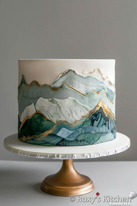 Landscape Cake Ideas, Unique Cake Designs For Men, Wedding Cake Single Tier, Emerald Green Wedding Cake, Memorial Day Cake, Cake Designs Elegant, Wedding Cake Emerald Green, Spring Cake Designs, Mountain Wedding Cake