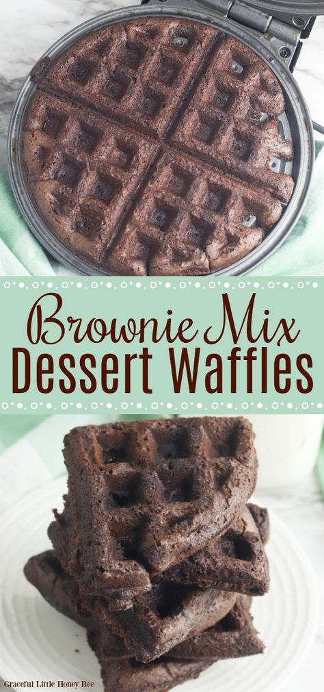 See how easy it is to make these delicious chocolatey brownie mix waffles in your waffle maker for a quick and easy dessert! Find the recipe at gracefullittlehoneybee.com #wafflemaker #brownies #dessert Brownie Mix Waffles, Recipes Waffles, Mini Waffle Recipe, Brownies Decorados, Making Brownies, Dash Recipe, Waffle Iron Recipes, Dessert Waffles, Waffle Maker Recipes