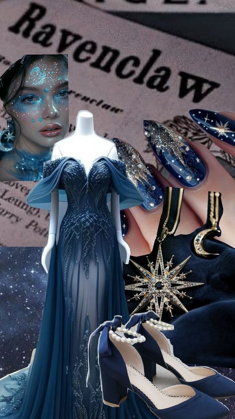 #ravenclaw #Hogwartsball #celestial Celestial Outfit Aesthetic, Ravenclaw Yule Ball Gowns, Celestial Academia, Yule Ball Aesthetic, Ravenclaw Dress, Ravenclaw Yule Ball, Ravenclaw Outfit, Ball Aesthetic, Yule Ball