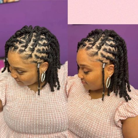 Locs To One Side, Loc Updo Short Hair, Hanging Loc Styles, Side Styles For Locs, Down Locs Hairstyles For Women, Interlock Locs Hairstyles, Dreads Styles For Women Half Up Half Down, Loose Locs Hairstyles For Women, Side Locs Hairstyles