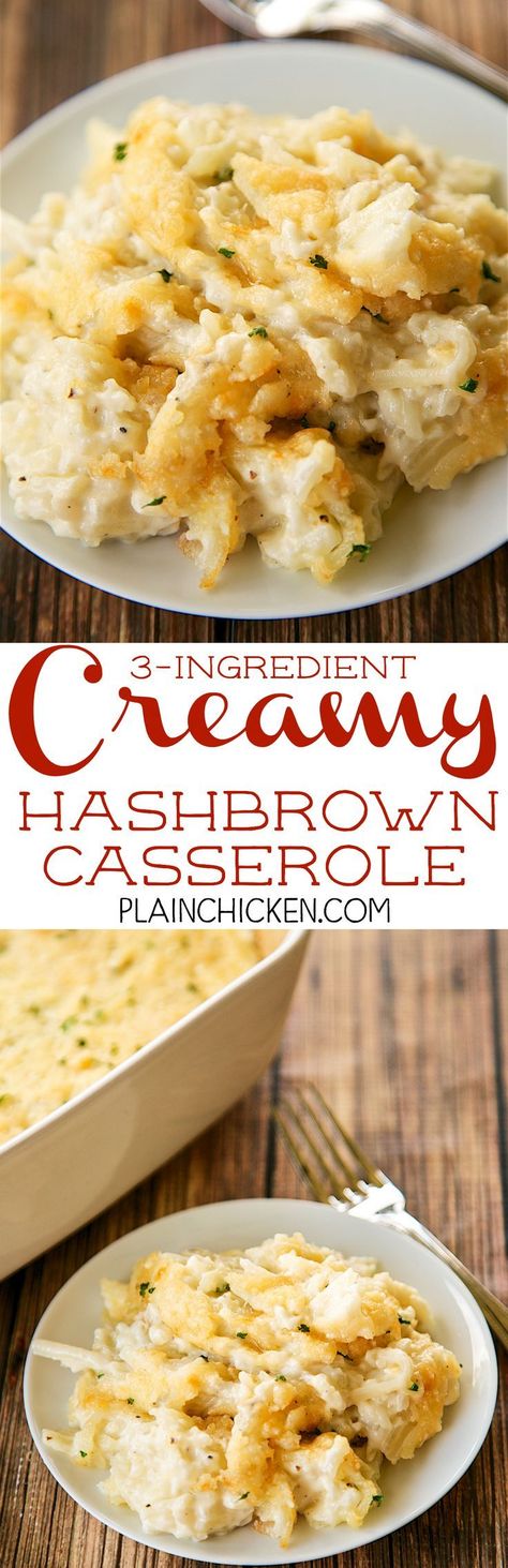 3 Ingredient Creamy Hashbrown Casserole - NO cream of anything soup!! Frozen hashbrowns, heavy cream and parmesan cheese. We like to add garlic too!! SO easy to make and they taste amazing. No prep work! A new favorite in our house. Also great for a dinner party. Potato Brunch Casserole, Potatoes For Brunch Breakfast, Brunch Potato Recipes, Creamy Hashbrown Casserole, Southern Recipes Dinner, Breakfast Potato, Cheesy Hashbrown, Hashbrown Casserole Recipe, Cheesy Hashbrown Casserole