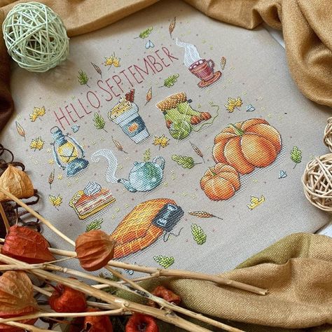 So cute autumn sampler 🤗 Autumn Symbols, Cross Stitch Decor, Autumn Cross Stitch, Stitch Decor, Autumn Cross Stitch Patterns, Pumpkin Cross Stitch, Fall Cross Stitch, Sampler Cross Stitch, Cross Stitch Beginner