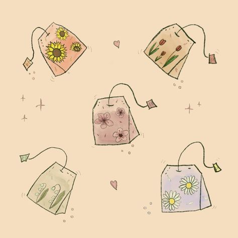 A cosy Illustration of floral tea bags I made with procreate 🌿 prints available on INPRNT 🌿 Tea Bags Drawing, Tea Bag Doodle, Tea Bag Embroidery, Tea Bags Aesthetic, Tea Journal Ideas, Tea Bag Aesthetic, Tea Bag Art Ideas, Tea And Books Aesthetic, Teabag Drawing