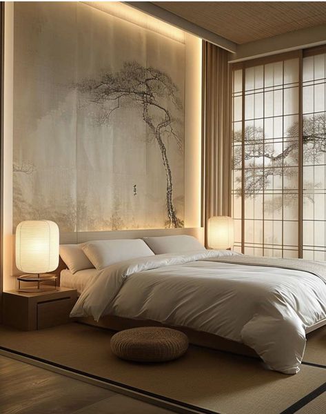 Japan Aesthetic Bedroom Ideas, Brutalist Interior Bedroom, Japanese Bedroom Aesthetic, Modern Wabi Sabi Interiors, Modern Japanese Bedroom, Japanese Bedroom Ideas, Japanese Bedroom Design, Japanese Inspired Bedroom, Japanese Style Bedroom