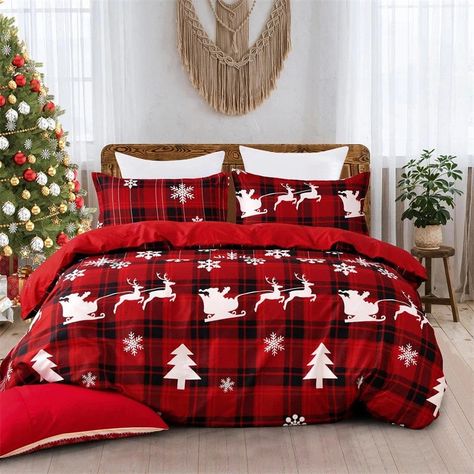 Plaid Duvet Cover, Christmas Duvet Cover, Christmas Duvet, Santa Claus Reindeer, Red Buffalo Plaid, Christmas Bedding, Snowflake Pattern, Duvet Cover Set, Santa Claus