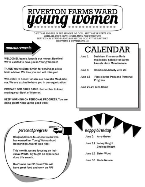 Young Women Newsletter Template. FREE download. Editable PDF. Spiritual Reminders, Yw Theme, Newsletter Template Free, Church Newsletter, Newsletter Ideas, Editable Newsletter Templates, Lds Yw, Lds Relief Society, Women Activities