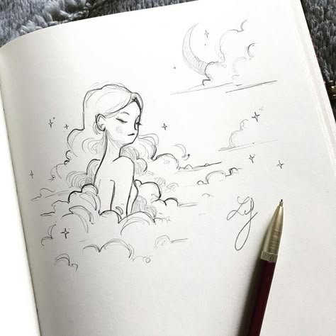 Doodle Stars, Girl Doodle, Have A Nice Evening, Art Sketches Doodles, Art Sketches Pencil, Grey Clouds, Stars Moon, Arte Sketchbook, Arte Inspo