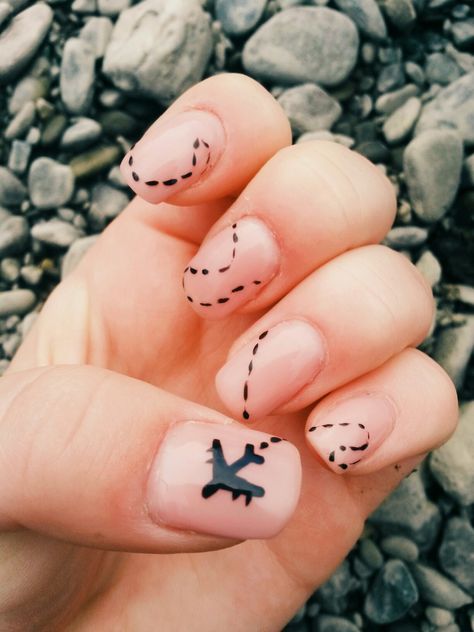 Paper Plane Nail Art, Nails Airplane Design, Nails With Airplane Design, Nails With Airplanes, Nail Designs Travel, Nails Travel Design, Plane Nail Art, Travel Themed Nails, Airplane Nails Design