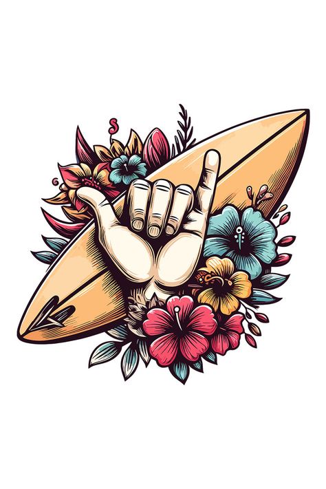 Surfboard with Colorful Flowers and Shaka Sign Billabong Wallpaper, Surfboard Design Ideas, Shaka Sign, Surfing Pictures, Gundam Wallpapers, Surfboard Design, Hang Ten, Hippie Art, Surfs Up