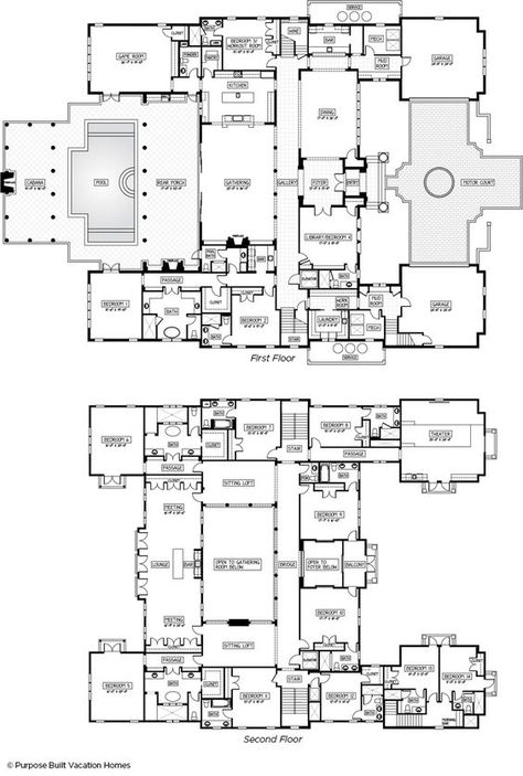 10,000 square foot, 14 bedroom vacation manse. Floor plan shown for both levels. Luxury House Floor Plans, 10 Bedroom House, Mansion Plans, Vacation House Plans, Luxury Floor Plans, Affordable House Plans, House Plans Mansion, Mansion Floor Plan, Home Design Floor Plans