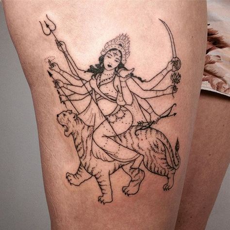 Thanks Chevonne! #handpoked #Durga on thigh Buddhist Symbol Tattoos, Hindu Tattoos, Hindu Tattoo, Geometric Tattoo Arm, Polynesian Tattoos, Goddess Tattoo, Geometric Tattoos, Bad Tattoos, Lotus Tattoo