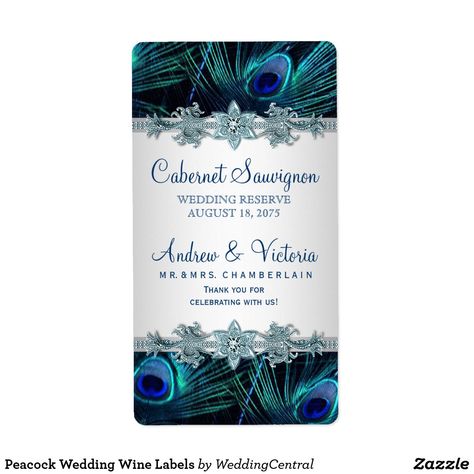 Peacock Wedding Wine Labels Peacock Background, Elegant Wine Label, Peacock Wedding Invitations, Jewel Tone Color Palette, Peacock Wedding Theme, Wedding Wine Bottles, Wedding Wine Labels, Champagne Bottle Labels, Peacock Theme