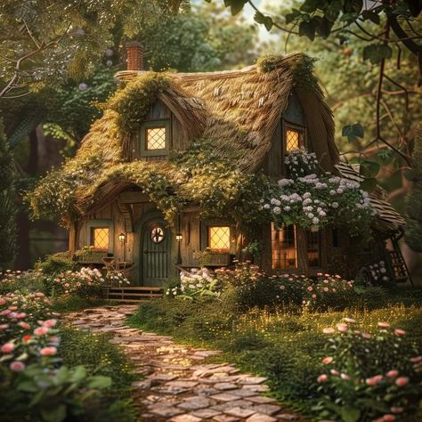 Fairy Cabin Aesthetic, Cute Cottage In Forest, Mystical Cottage In The Forest, Rustic Village House, Magical Cabin In The Woods, Cozy Witch Cottage, Forest Cottage Exterior, Witch Cottage House, House In Nature Aesthetic