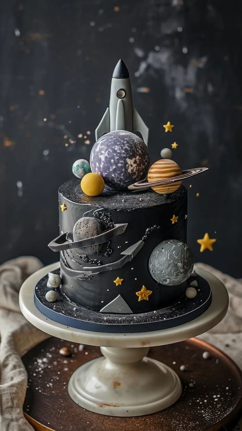 10th Birthday Boy Cake Ideas, Rocket Ship Birthday Cake, Space Baby Shower Cake, Space Cakes Kids Boy Birthday, Space Themed Cake, Acnh Entrance, Space Cakes, Rocket Cake, Planet Cake