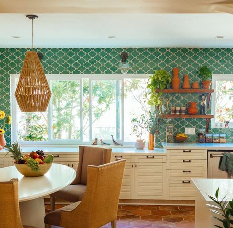 Terra Cotta Kitchen, Bohemian Style Kitchen, California Apartment, Justina Blakeney, Jungalow Style, Bohemian Kitchen, Farmhouse Side Table, Mediterranean Style Homes, Fireclay Tile