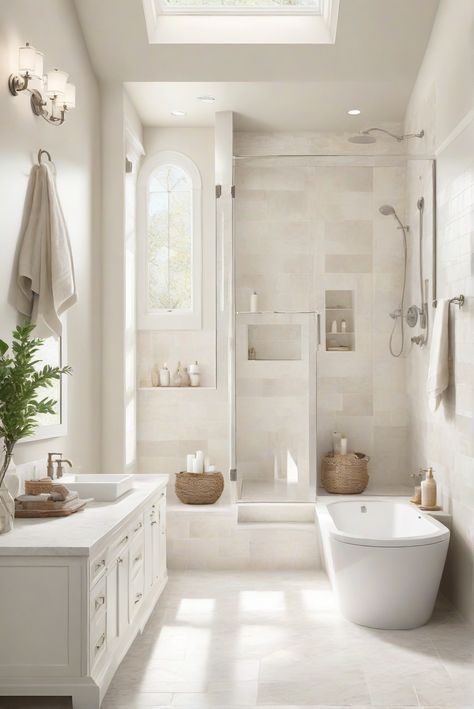 Step into a haven of soft serenity with Alabaster (SW 7008) as we share how to elevate your bathroom space in today's interior designer routine. #Ad #homedecor #homedesign #bathroom #Painthome interiorarchitecture best Wall Colors for Bathroom Colors Bright Room Colors best colors combinations bathroom bathroom Remodeling Modern Paint Colors 2024 Oatmeal Bathroom Ideas, Neutral Paint Colors For Bathroom, Ivory Bathroom Ideas, Neutral Colored Bathroom, Cream And White Bathroom, Warm Bathroom Colors, Alabaster Bathroom, Cream Colored Bathrooms, Beige Bathroom Tile