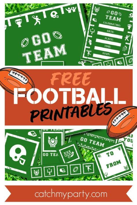 Are you ready for some football... parties? Enjoy these football free printables! The collection includes: invitations, gift tags, large party tags, banner (small and large), mini candy bar wrappers, football sign, silverware wrappers, treat toppers, tented cards, and water bottle labels. Football Party Printables, Football Favors, Football Printables, Football Candy, Football Treats, Birthday Party Invitations Free, Football Parties, Football Birthday Party, Oreo Pops