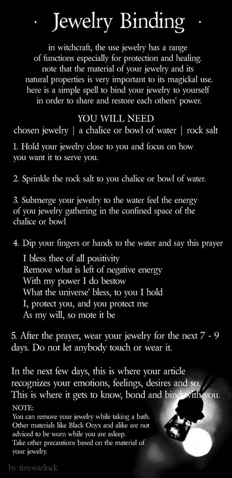 Here is a simple Jewelry Binding Spell for all wiccans and magick practitioners who are fond and confortable with wearing enchanted jewelries and alikewicca witchcraft binding jewelry spell bindingspell bracelet magic magick Spell For Jewelry, Witchcraft Spells That Work, Real Witchcraft Spells, Ring Protection Spell, Witchcraft Jewelry Enchantment, Magic Ring Spell, Witch Spells For Love, Familiar Protection Spell, Fae Magick Spells