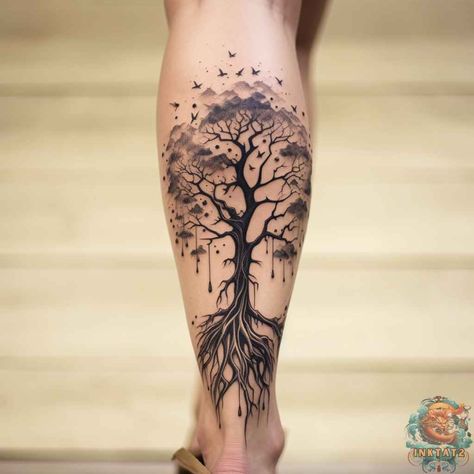 The Fascinating World of Tree Leg Tattoos – 50 Designs - inktat2.com Tree Leg Tattoo, Calf Tattoos For Women, Back Of Leg Tattoos, Roots Tattoo, Leg Tattoo Ideas, Muster Tattoos, Tree Tattoo Designs, Leg Tattoos Women, Tree Of Life Tattoo