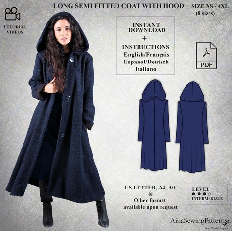 "PDF Digital sewing pattern for LOOMYS coat Enhance your closet with our LOOMYS sewing pattern for an enchanting long coat. Achieving a harmonious blend of semi-fitted, flared aesthetics, this design goes beyond mere style - the inclusion of a hood and thoughtfully integrated pockets along the lateral seam infuse both flair and functionality into your outfit. The instructions are written in English, French, Spanish, Italian and German and feature detailed illustrations to guide you through each step.  We've embedded video links within the sewing instructions, specifically targeting the most challenging parts. Don't worry if you encounter any difficulties during assembly - simply reach out to us for assistance! We're fluent in English, French, Spanish, Italian and German and are happy to he Hooded Coat Pattern, Winter Coat Pattern, Coat Sewing Pattern, Coat Sewing, Coat Pattern Sewing, Langer Mantel, Pattern Modern, Coat Patterns, Hooded Coat