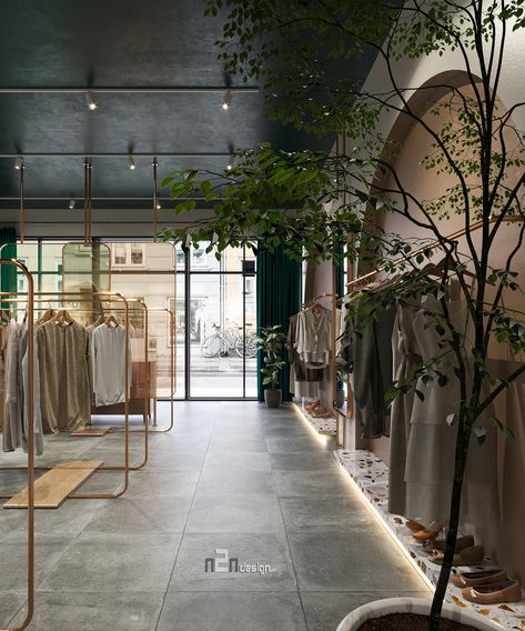 Brick Wall Boutique, Modern Store Design Interiors, Industrial Interior Design Boutique, Clothing Stores Interior Design, Clothes Store Decoration, Organic Retail Store Design, Minimalist Clothing Store Design, Concept Clothing Store, Urban Retail Store Design