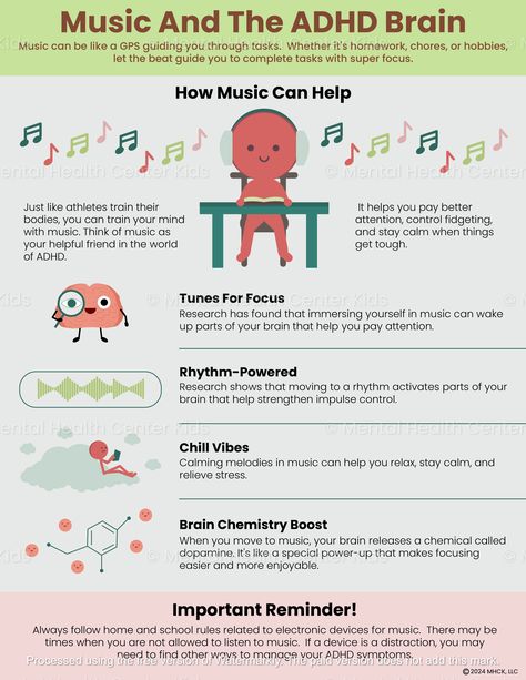 Music can serve as a tool for clients with ADHD, and it helps achieve a sense of calm and focus. Recent research suggests that one’s experience with music can impact various aspects of cognition and behavior, as well as motivation and emotional regulation. The Music And The ADHD Brain handout aims to teach clients about the positive impact of music. It outlines various benefits of music and provides a concise explanation of how it can support the ADHD brain. Moreover, the handout offers a reminder about the importance of adhering to home and school rules regarding music. Learning about the benefits of music empowers kids and teens to use non-pharmacological strategies while promoting responsible behavior. After reading the handout, they can create a personalized playlist of their favorite Music And Brain, Cognitive Distortions For Kids, Brain Development Children, Teenage Brain Development, Neurodivergent Brain, Benefits Of Music, Attention Deficit Hyperactive Disorder, Mental Health Center, Counseling Techniques