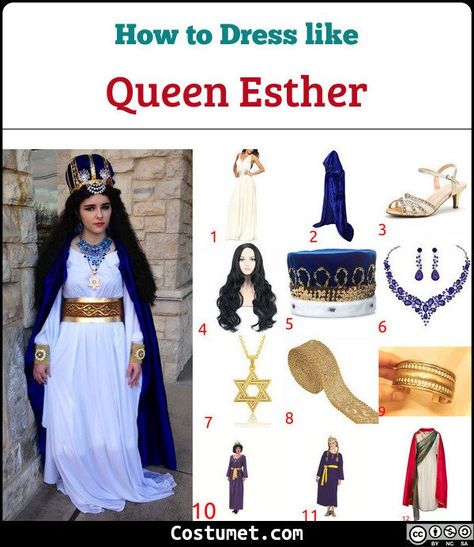 Queen Esther costume a long white toga topped with a long blue satin cloak, a golden belt, golden bracelets, a sapphire necklace and earrings, a David star necklace, a crown, and golden sandals.           #Female #female #queen #Christian #QueenEsther #Jew #Bible #Persian Queen Ester Costumes, Bible Character Dress Up, David Costume Bible, Female Bible Character Costumes, Bible Costumes For Kids, Bible Character Costumes Women, Bible Costumes For Women, Biblical Attire, Bible Character Costumes