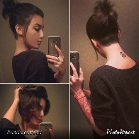 #undershave #shornnape #shorthairdontcare #buzzedback #sexyhair #ponytail #haidesign. Model @outernetitude #repost by @undercutfeed "Welcome To The Club #undercut" Subtle Undercut Women, Shaggy Inverted Bob, Shaved Nape Undercut, Small Undercut, Shornnape Undercut, Undercut Ponytail, Inverted Bobs, A Line Bob, Inverted Bob Haircuts