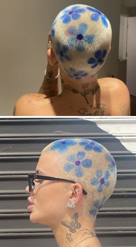 Buzzcut Coloured Hair, Buzzed Hair Aesthetic, Hair Print Dye, Shaved And Dyed Hair, Flower Hair Dye Shaved Head, Flower Shaved Hair Designs, Fun Shaved Head Designs, Undercut Dye Designs, Colourful Buzzcut