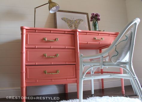 Benjamin Moore Coral Gables faux bamboo desk Facebook.com/restoredandrestyled Coral Desk, Bathroom Paint Colors Benjamin Moore, Desk Colors, Painted Desks, Coral Furniture, Coral Paint Colors, Office Update, Bamboo Desk, Provincial Furniture