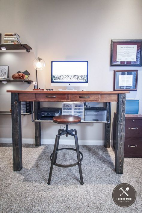 My DIY Standing Desk MOD! | Field Treasure Designs Standing Desk Plans, Diy Standing Desk Plans, Bat House Plans, Diy Desks, Raising Desk, Tall Desk, Diy Standing Desk, Reloading Bench, Free Building Plans