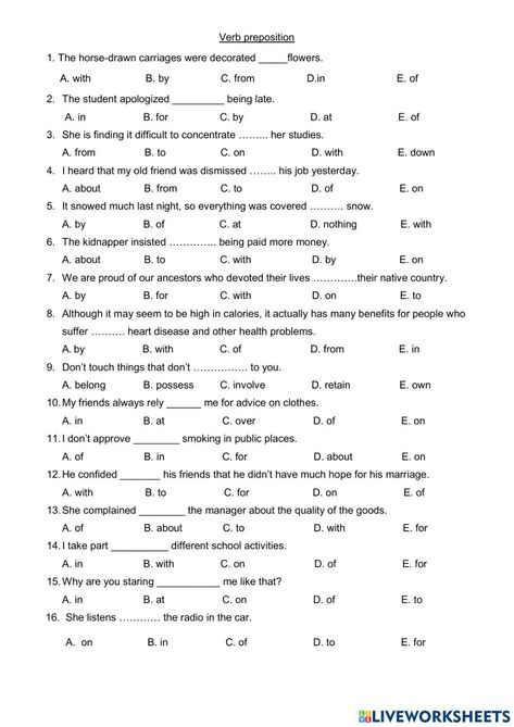 Prepositional Phrases Worksheets, Prepositional Phrases Activities, Esl Advanced, Prepositions Worksheets, English Revision, English Grammar Test, Preposition Worksheets, English Grammar Exercises, Word Formation