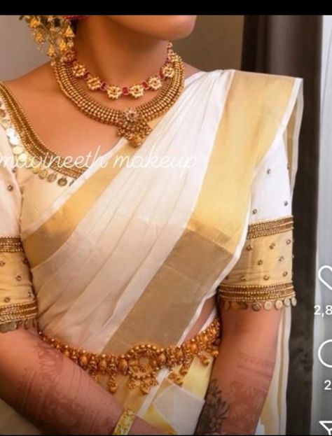 Kerala Saree Aari Work Blouse, Temple Look Kerala Bride, Kasavu Blouse Design, Kasavu Saree Blouse Designs, Set Saree Blouse Designs Kerala, Set Saree Kerala, White Saree Wedding, White Blouse Designs, Kerala Saree Blouse