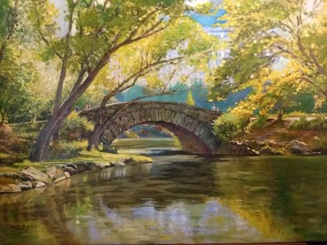 Stone Bridge Over River, Bridge Oil Painting, Bridge Landscape Painting, Chinese Bridge, Beautiful Scenery Drawing, Bridge Landscape, Stone Bridges, Bridge Painting, Bridge Art