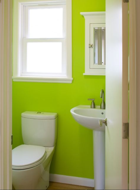 Neon #green bathroom Powder Room With Pedestal Sink, Lime Green Bathrooms, Lime Green Bedrooms, Lime Green Walls, Green Bathroom Accessories, Small Bathroom Remodel Designs, Green Bathroom Decor, Tiny Bathrooms, Bathroom Color