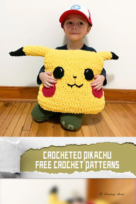 Pokemon Crochet Patterns Free Pikachu, Pokemon Crochet Patterns Free Blanket, Crochet Pikachu Pattern Free, Pikachu Crochet Pattern Free, Pikachu Crochet Pattern, Pikachu Pillow, Pokemon Pillow, Crochet Baby Blanket Tutorial, Pikachu Crochet