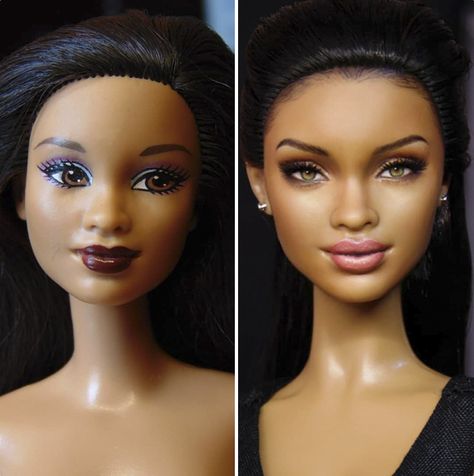 How To Repaint Barbie Face, Repainted Barbie Dolls, Custom Barbie Dolls, Rihanna Barbie, Barbie Makeover, Spice Girls Dolls, Doll Repaint Tutorial, Barbie Repaint, Doll Makeover