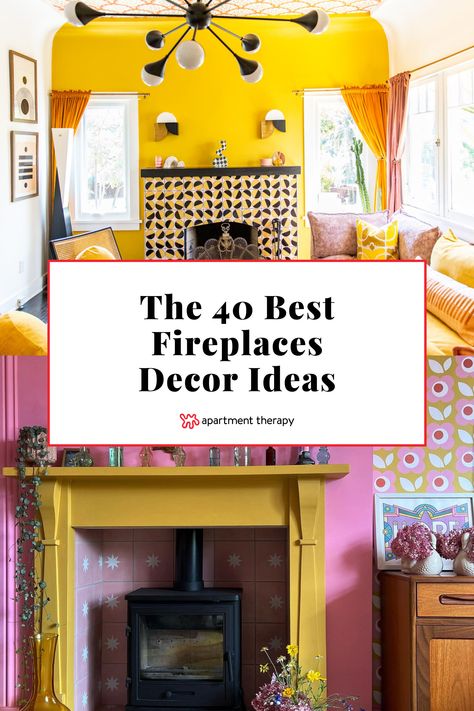 Whether you’ve been blessed with a wood-burning fireplace or have one that’s purely decorative, there are plenty of ways to jazz up your fireplace mantel area during prime cozy season (aka right now!). Fireplace Maximalist, Brick Fireplace Decor Ideas Living Rooms, Colorful Fireplace Mantle, Funky Fireplace Ideas, Eclectic Fireplace Decor, Renter Friendly Fireplace Makeover, Apartment Fireplace Decor, Boho Fireplace Makeover, Maximalist Fireplace