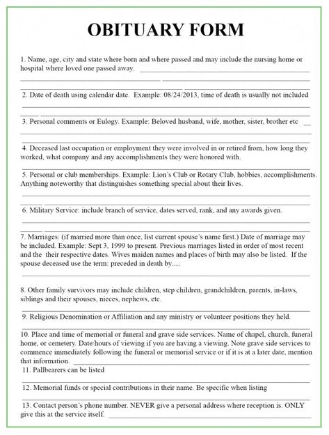 obituary template from Fill In The Blank Obituary Template, source:obituarytemplate.net Unique Obituary Ideas, Obituary Ideas, Living Will Template, Funeral Checklist, Obituaries Ideas, Emergency Preparedness Binder, Final Wishes, Family Emergency Binder, Funeral Planning Checklist