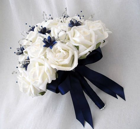 Navy And Silver Wedding, 2 Bridesmaids, October Wedding Flowers, Neutral Wedding Flowers, Artificial Wedding Flowers, Modern Wedding Flowers, Blue Wedding Bouquet, New Years Eve Weddings, Navy Blue Flowers