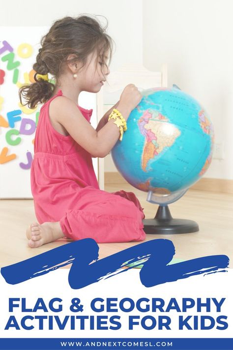 A young white girl with messy braided hair is wear a pin maxi dress. She is looking at a globe. There are foam letters behind her on a white surface. There is a text overlay in navy that says "Flag & geography activities for kids." Flag Activities, Flags For Kids, Geography Games, Geography For Kids, Geography Activities, World Flags, Teaching Geography, Homeschool Geography, Homeschool Projects