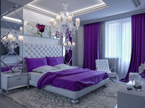 Elegant purple designed bedroom chandelier Room Color Ideas Bedroom, Purple Bedroom Design, Lavender Bedroom, Purple Bedroom Decor, Elegant Bedroom Design, Bedroom Purple, Purple Bedrooms, Purple Bedroom, Purple Interior