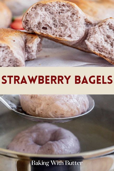 Easy Strawberry Bagels - simple recipe for a delicious, berry-filled morning. Homemade Strawberry Bagels, Cranberry Bagels Recipe, Blueberry Bagels Recipe Homemade, Strawberry Sourdough Bagels, Strawberry Bagels Recipe, Strawberry Bagels, Bagel Spread Recipes, How To Make Bagels, Bagel Recipes