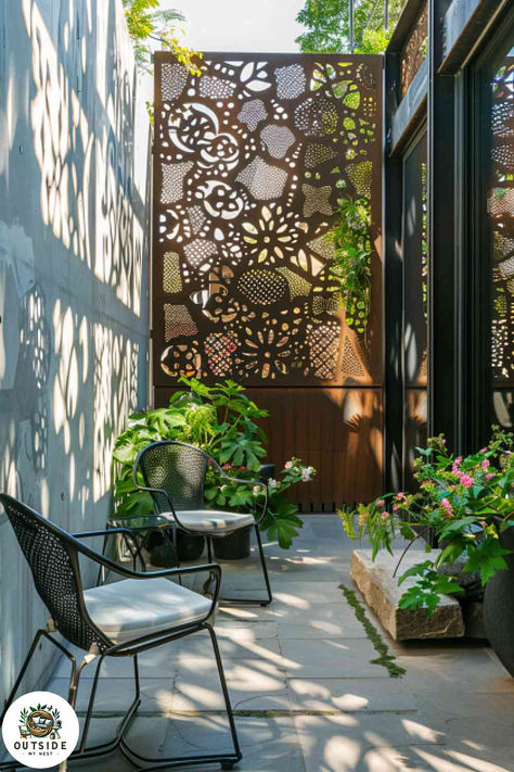 Decorative metal panels add elegance and privacy to your patio. Stylish and functional! Tap to explore more patio wall ideas! Outdoor Patio Wall Ideas, Exterior Wall Ideas, Patio Wall Ideas, Patio Walls, Patio Wall, Outdoor Wall Art, Weekend Projects, Metal Panels, Decorative Metal