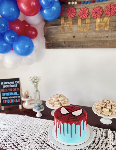 Spidey And Friends Birthday Cake Ideas, Easy Spidey Birthday Cake, Small Spider Man Birthday, Spider Man Bday Cake, Spider Man Drip Cake, Black And Red Spiderman Birthday Party, Spiderman Ice Cream Cake, Spider Man Smash Cake, Spiderman Drip Cake