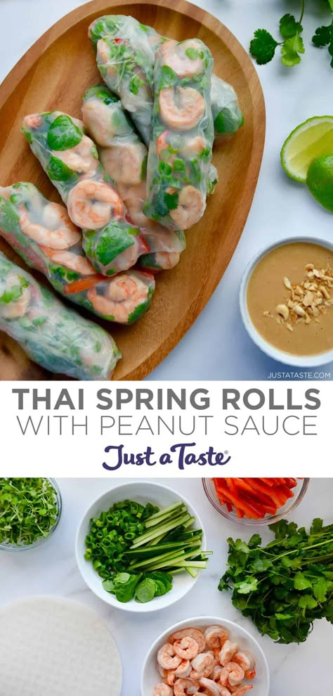 This Thai Spring Rolls recipe is loaded with fresh veggies and herbs and can be made with your choice of shrimp, chicken, tofu or entirely veggies (hearty fillers like rice noodles are an option, too!). And don't forget the homemade peanut sauce! #springrolls #springrollrecipe #thairecipes #peanutsauce #justatasterecipes Spring Roll Peanut Sauce, Spring Rolls With Peanut Sauce, Bouillon Thai, Work Lunch Recipes, Spring Herbs, Thai Spring Rolls, Homemade Peanut Sauce, Peanut Sauce Recipe, No Cook Appetizers